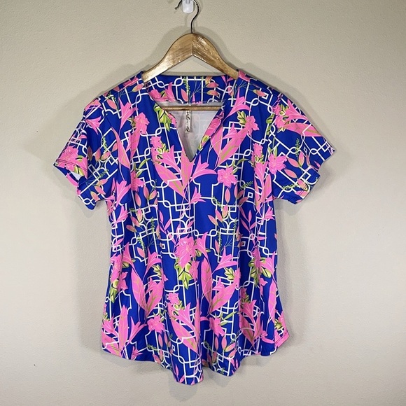 Lulu B Pink Blue Floral Print Short Sleeve V Neck Top Women XL Casual Athletic - Picture 2 of 8